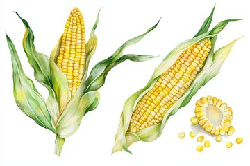Watercolor Painting of Sweet Corn on the Cob
