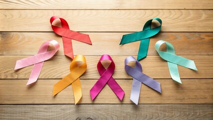 Artistic flat lay of cancer awareness ribbons in various colors on a wooden background