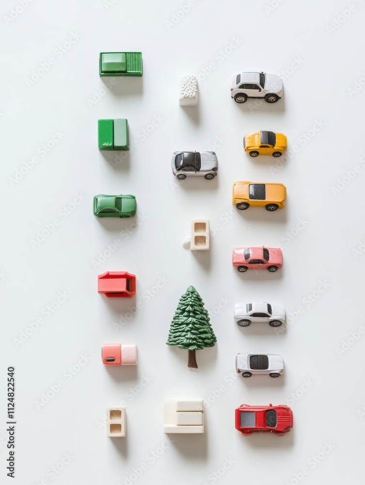 Poster brightly colored toy cars, building blocks, and dolls are neatly placed on a white surface, creating