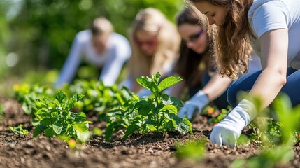 Fototapeta premium Friends joyfully work together in a community garden, planting and nurturing flowers and vegetables under bright, sunny skies