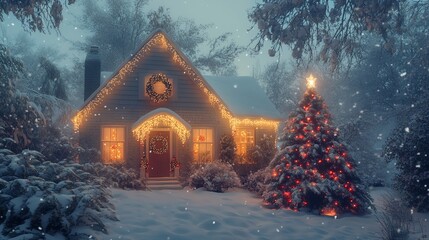 Cozy Snow-Covered Cottage with Christmas Lights and Decorated Tree at Dusk