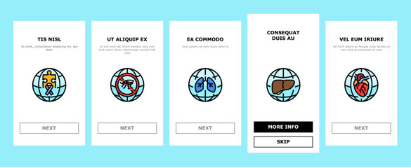 international day holidays onboarding mobile vector family children, tolerance and yoga, water food, cancer diabetes, mental health international day holidays illustrations