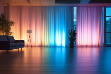 Modern living room with colorful curtains at night.