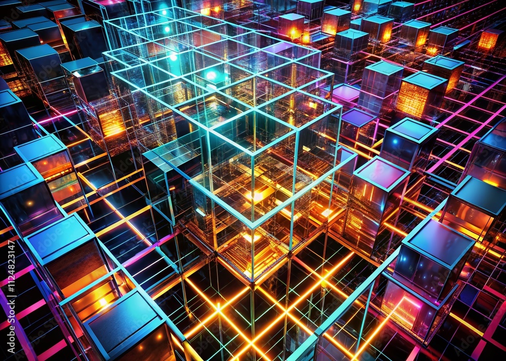 Poster captivating 3d abstract grid illustrating website architecture with glowing elements and dark cubes 