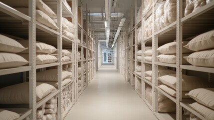 Obraz premium Storage facility with tall racks filled with uniformly stacked bags, creating a sense of order.