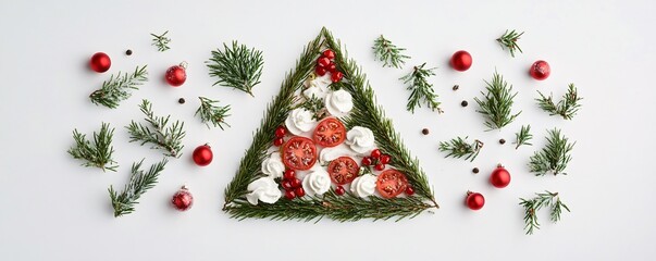 Creative christmas tree made of food, fir branches and red christmas balls lying on white background