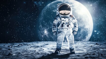 Obraz premium An astronaut surveys the Martian landscape, surrounded by stars, uncovering the wonders of another world