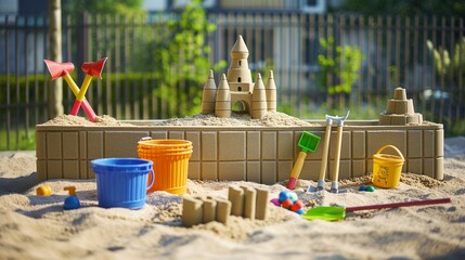 A well-maintained sandbox with toys like shovels, buckets, and molds for building sandcastles.