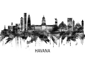 Naklejka premium Havana Cuba Skyline BW, city landscape banner district business print painting watercolor