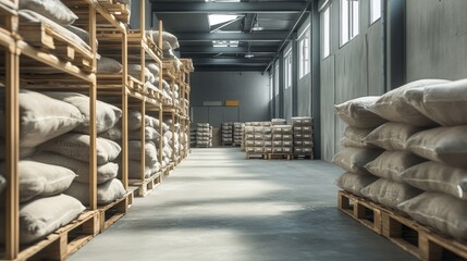 Storage room with bags of raw materials stacked on pallets and shelves in a bright warehouse.