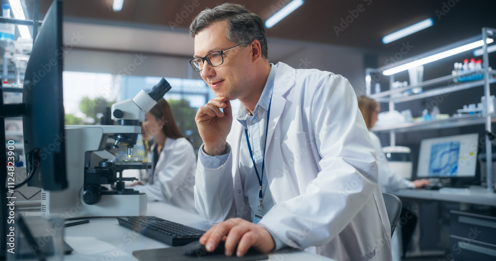 Poster handsome adult scientist wearing glasses and a white lab coat, studying dna samples and evaluating d