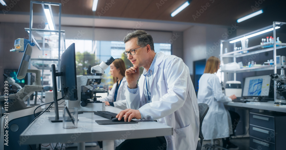 Poster handsome adult scientist wearing glasses and a white lab coat, studying dna samples and evaluating d