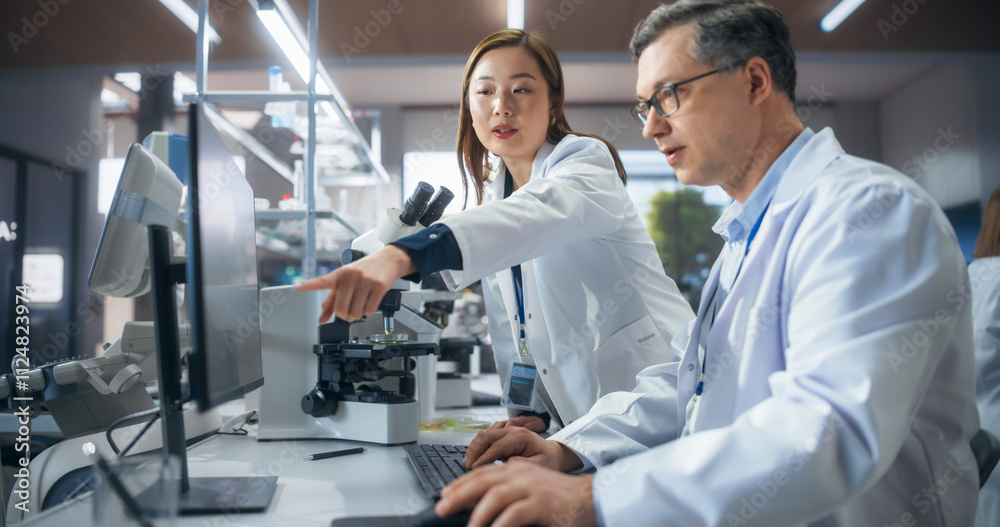 Poster asian female medical supervisor having a conversation with a caucasian scientist about a gene editin