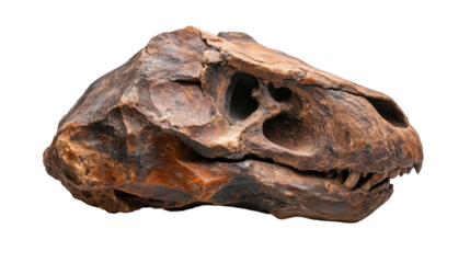 Fossilized dinosaur skull on white background. transparent background