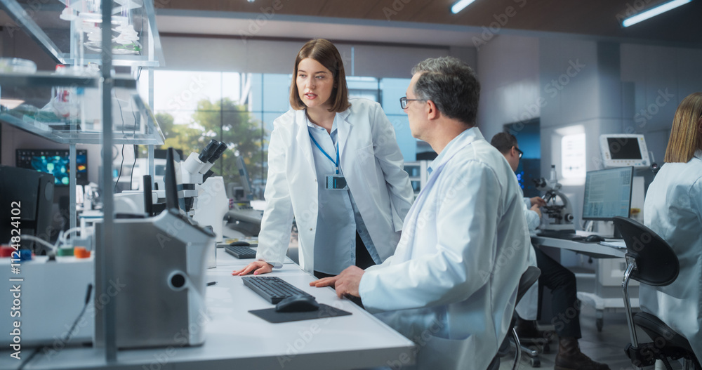 Poster female research scientist having a conversation with a bioengineer about the effects of different ph