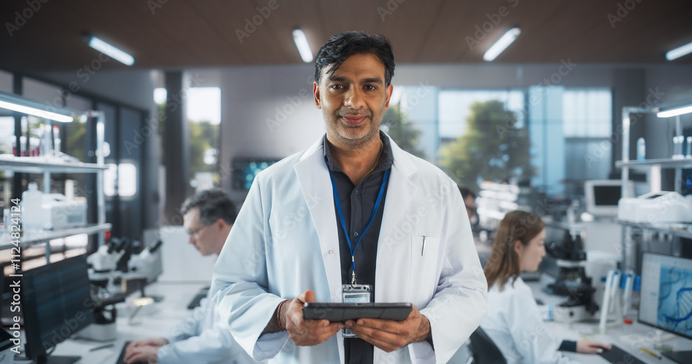 Poster Portrait of an Indian Adult Male Scientist Using Tablet Computer, Looking at Camera and Smiling in a Laboratory. Professional Researcher Working as Bioengineer, Monitoring Technology Projects