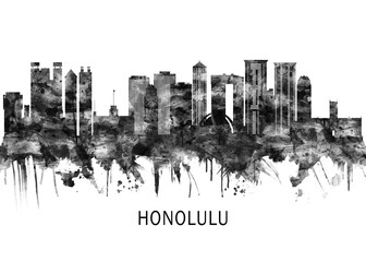 Fototapeta premium Honolulu Hawaii Skyline BW, city landscape banner district business print painting watercolor