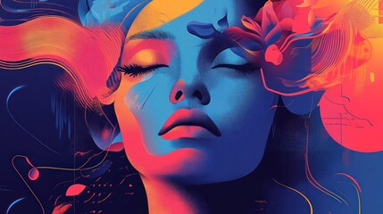 Serene Dreamscape: A vibrant digital art depicting a woman's face in a dreamlike state, surrounded by swirling colors and abstract floral elements.