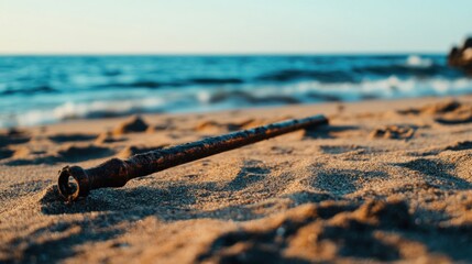 Ancient harpoon resting on sandy beach, partially buried with weathered wooden handle and rusted metal tip, evoking historical maritime heritage and archaeological significance