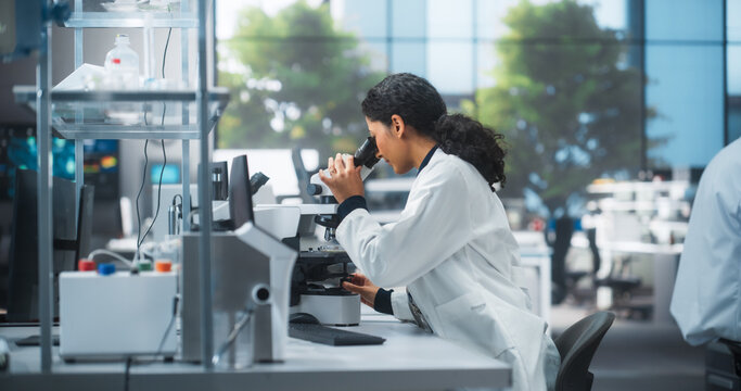 Medical Research and Development Laboratory: Beautiful Hispanic Female Scientist Working on a Computer and Looking at a Sample in a Petri Dish Under a Microscope. Advanced Biotechnology Lab