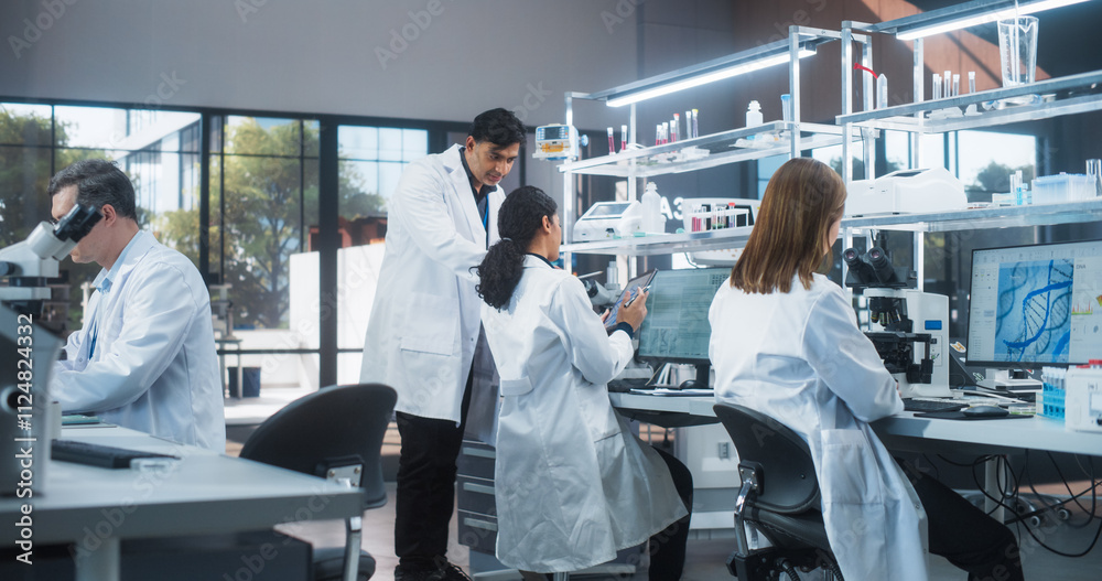 Poster Female Research Scientist Having a Conversation with an Bioengineer About the Effects of Different Pharmaceutical Drugs. Employees Looking at a Computer Software in a Modern Science Laboratory