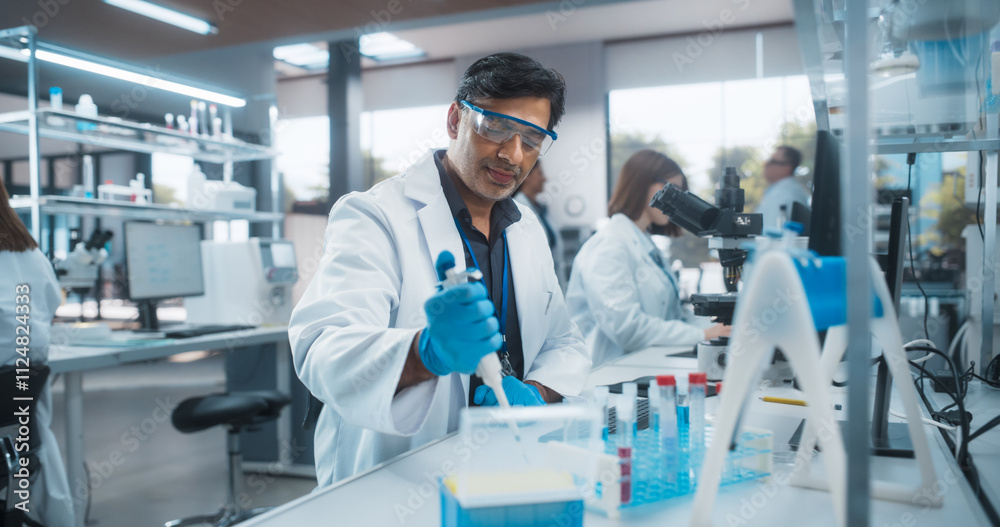 Poster indian male research scientist using micropipette to mix liquids in a test tube in a modern laborato