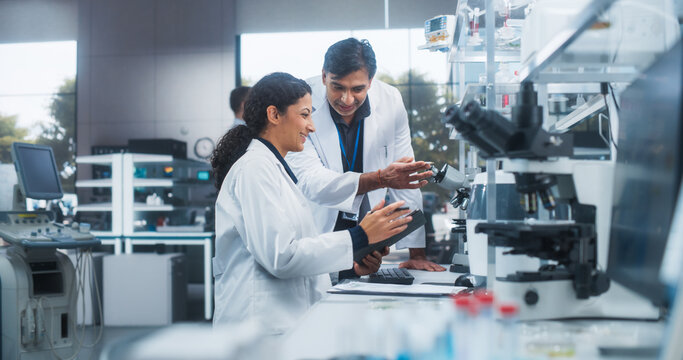 Indian Male Medical Supervisor Having a Conversation with a Hispanic Female Scientist About a Gene Editing Research Project, Technology and Experiments. Smart Diverse Team Working in a Laboratory