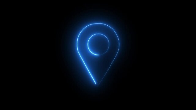glowing neon blue color location animation icon searching place address travel direction road signs map circle animated signs symbol on black background