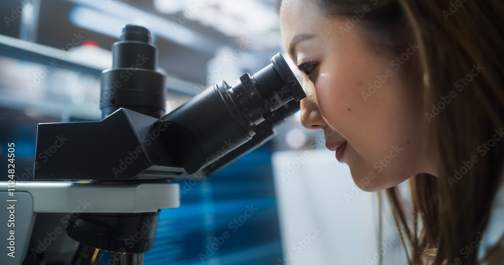 Poster close up of a japanese female microbiologist looking through the microscope, analyzing sample genes.