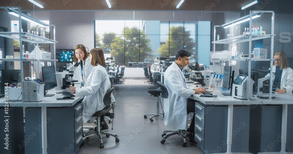 Leinwandbilder Multiethnic Biotechnologists Studying Genetic Samples Under a Microscope and Researching Data on Computer in Order to Develop New Medical Products. Group of Scientists Working in a Laboratory