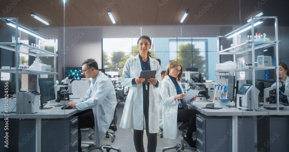 Leinwandbilder Group of Scientists in White Lab Coats Working in a Workplace, Sitting Behind Desks and Using Computers. Young Creative People Working in a Research Laboratory