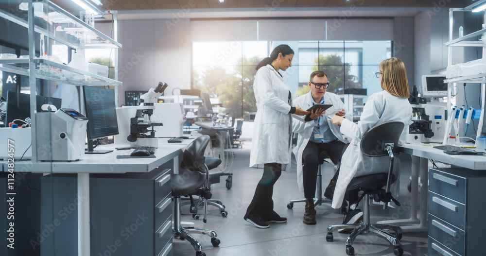 Poster female research scientist having a conversation with two bioengineers about the effects of different