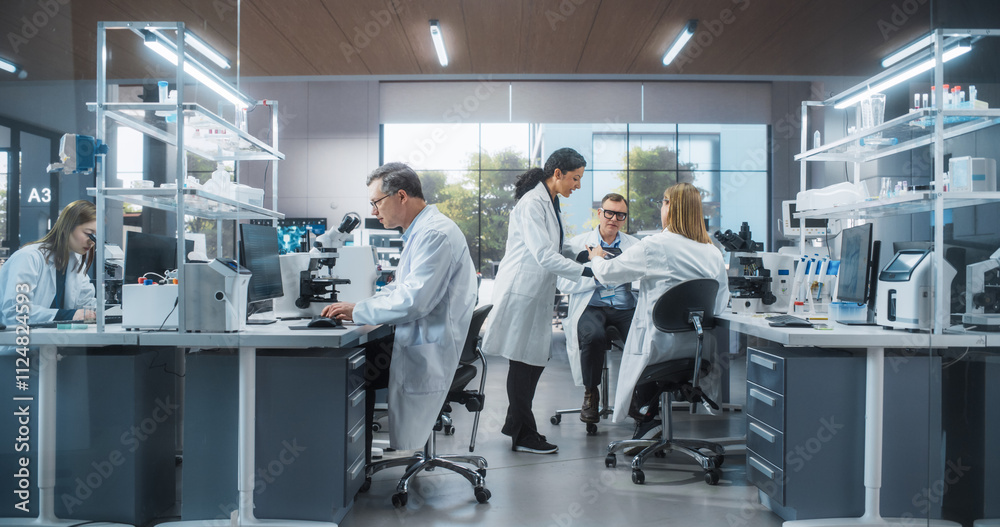 Poster Three Scientists Discussing Latest Bioengineering Discoveries and Sharing Research Data on Vaccine Efficacy. Diverse Male and Female Colleagues Working in a Modern Medical Research Center