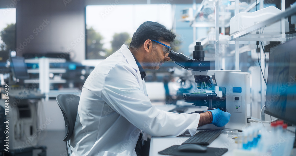 Poster molecular biology research scientist looking at a dna sample under a microscope in an applied scienc