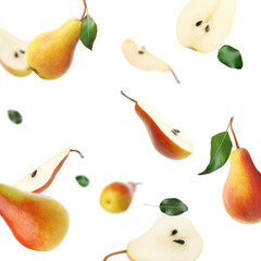 Fresh juicy pears in air on white background