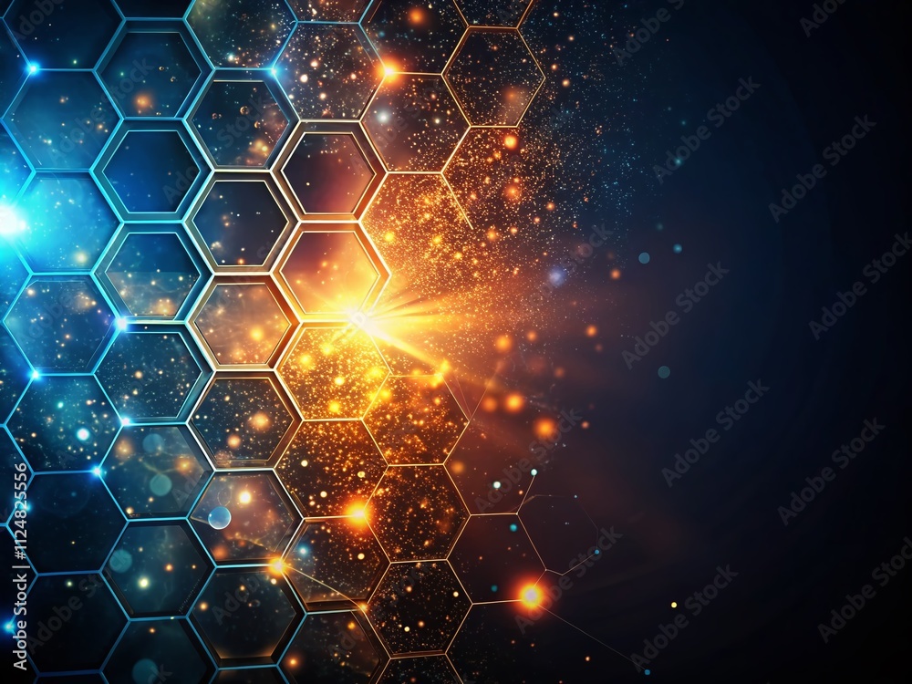 Poster captivating abstract hexagonal structure with glowing particles representing futuristic technology, 