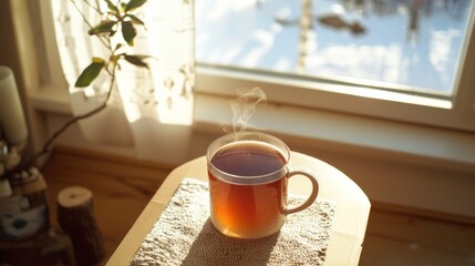 Cozy cup of tea near window with winter view outside.
