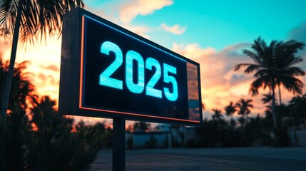 Neon sign displaying "2025" illuminated in front of vibrant palm trees at night.