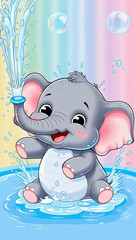 A cute cartoon baby elephant is playing in the water, spraying water with its trunk. The elephant has big, round eyes and a happy expression. Perfect for children's books, illustrations, and greeting 