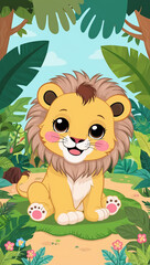 A cute cartoon baby lion is sitting in a lush green jungle. The lion has big, round eyes and a friendly expression. Perfect for children's books, illustrations, and greeting cards.
