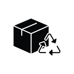 Recycled product packaging icon. Simple solid style. Recycle triangle, cardboard box, seal, cycle, packaging, environmental concept. Black silhouette, glyph symbol. Vector illustration isolated.
