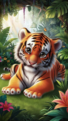 A cute cartoon baby tiger is sitting in a lush green jungle. The tiger has big, round eyes and a friendly expression. Perfect for children's books, illustrations, and greeting cards.