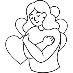 women hugging herself vector art isolated on white background. line art a women hugging herself vector icon.