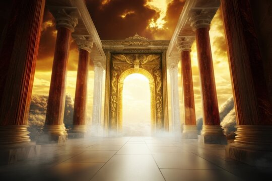 Majestic golden doorway opens to a mystical realm with tall columns at sunset - Powered by Adobe
