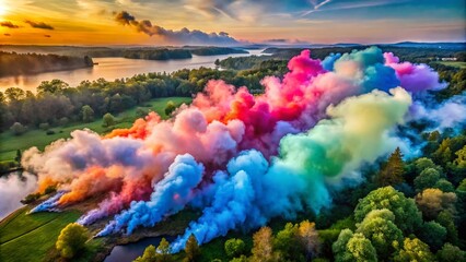 Captivating Aerial Drone Photography of Colorful Smoke Plumes Rising in a Vibrant Landscape, Perfect for Artistic and Creative Projects