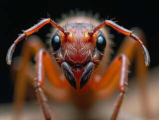 Macro shot of an ant face with sharp details of its mandibles, antennae, and eyes. The vibrant orange tones and fine textures emphasize the insect's intricate features
