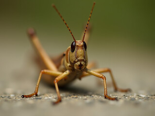 A macro image of a grasshopper captured in a dynamic pose, raising its front legs and facing slightly angled. The shot highlights intricate details of its face, antennae, and legs.