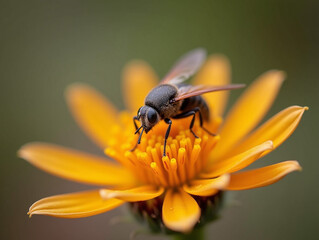 Macro shot of an insect resting on a sunflower, showcasing detailed textures of its body and wings against the vibrant yellow petals and intricate floral patterns. Perfect for nature and wildlife