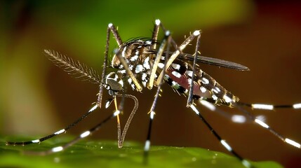 Close-up of mosquito resting on leaf in tropical forest, emphasizing its role in transmitting viruses, shallow depth of field.