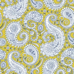Black and white seamless pattern with Paisley motifs on yellow background. Traditional indian repeat design.